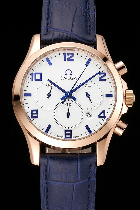 Omega Chronograph White Dial Rose Gold Case Blue Leather Strap new123357