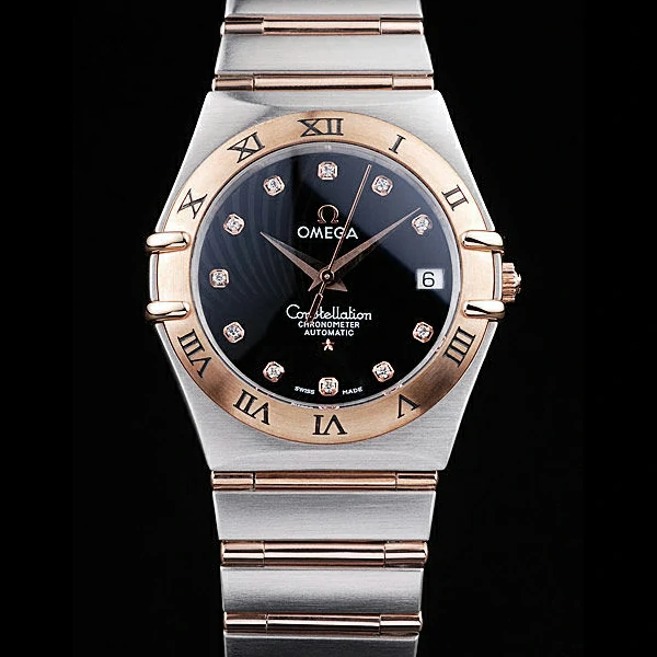 Omega Constellation Jewelry Rose Gold Case Radial Emblem Black Dial new58129