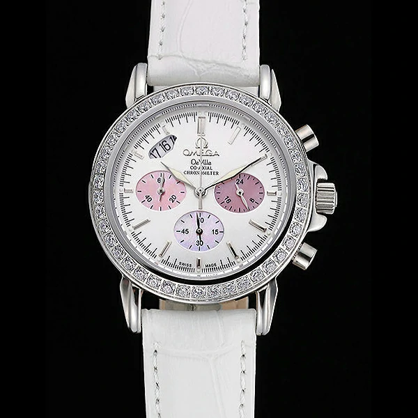Omega De Ville Chronograph White Dial Stainless Steel Diamond Case White Leather Bracelet new60346