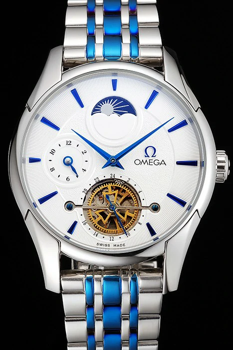 Omega De Ville Moonphase Tourbillon White Dial Stainless Steel Case Two Tone Steel Blue Bracelet new122946