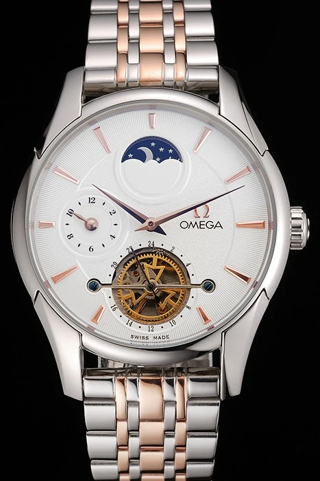 Omega De Ville Moonphase Tourbillon White Dial Stainless Steel Case Two Tone Steel Rose Gold Bracelet new122945