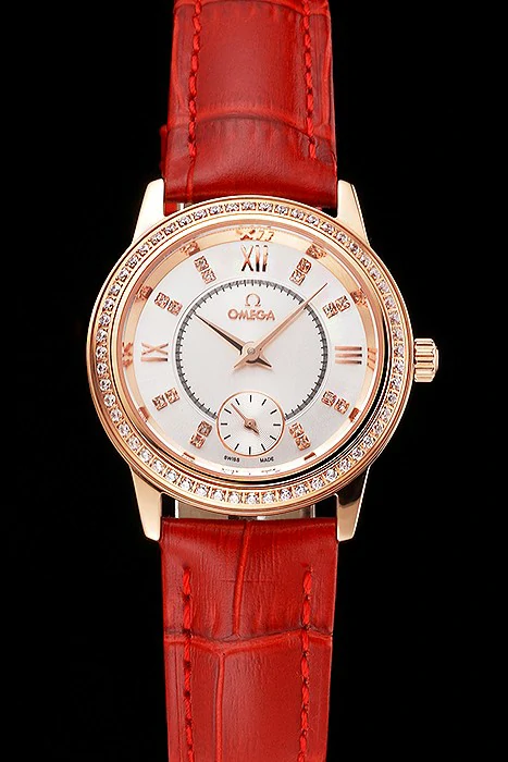 Omega De Ville Prestige Small Seconds White Dial Diamond Bezel Rose Gold Case Red Leather Strap new123372