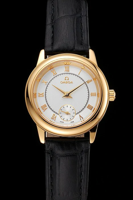 Omega De Ville Prestige Small Seconds White Dial Gold Case Black Leather Strap new123369