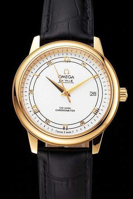 Omega De Ville Prestige White Dial Gold Case Black Leather Strap new123359