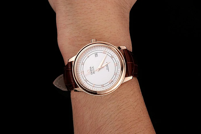 Omega De Ville Prestige White Dial Rose Gold Case Brown Leather Strap new123360