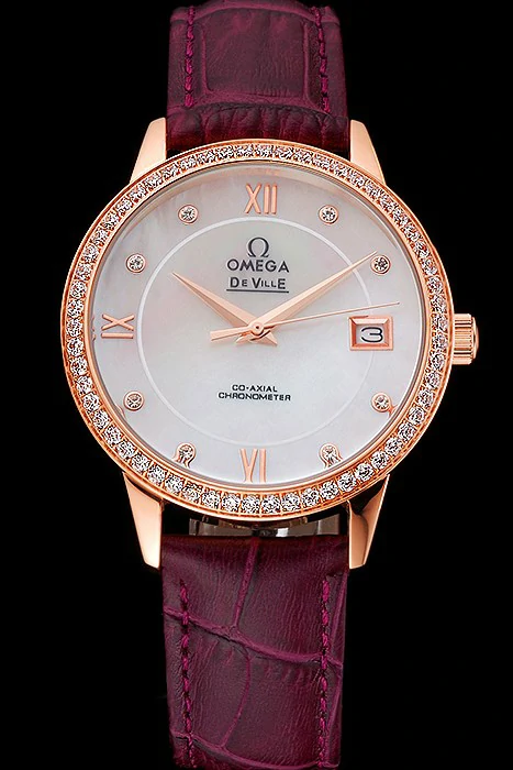Omega DeVille Prestige Co Axial Diamond Gold Case Mother Of Pearl Dial Purple Leather Strap new121390