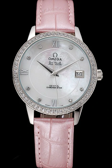 Omega DeVille Prestige Co Axial Diamond Silver Case Mother Of Pearl Dial Pink Leather Strap new121385