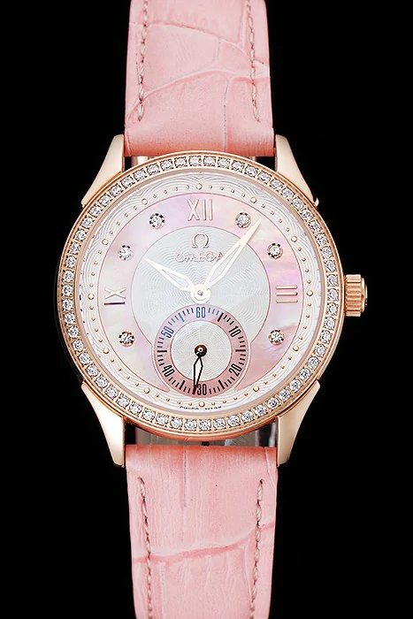 Omega DeVille Prestige Pink Dial Gold Diamond Case Pink Leather Bracelet new125132