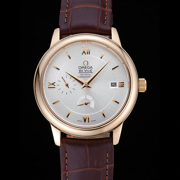 Omega DeVille Prestige Silver Dial Gold Case Brown Leather Bracelet new60483