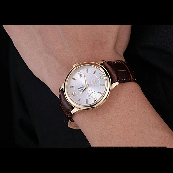 Omega DeVille Prestige Silver Dial Gold Case Diamonds Numerals Brown Leather Bracelet new60481