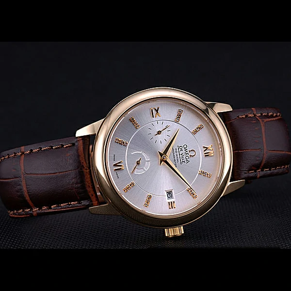 Omega DeVille Prestige Silver Dial Gold Case Diamonds Numerals Brown Leather Bracelet new60481