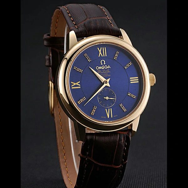 Omega DeVille Prestige Small Seconds Blue Dial Gold Case Brown Leather Bracelet new60489