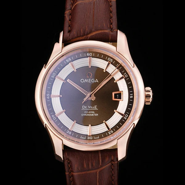 Omega DeVille Rose Gold Bezel Brown Leather Strap new58979