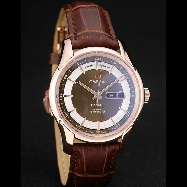Omega DeVille Rose Gold Bezel Brown Leather Strap new58981