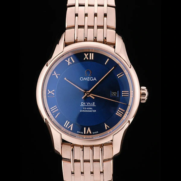 Omega DeVille Rose Gold Bezel Roman Numbers Blue Dial new58974