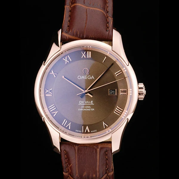 Omega DeVille Rose Gold Bezel Roman Numbers Brown Dial new58986