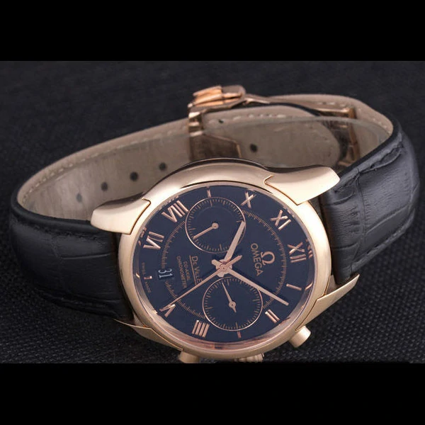 Omega DeVille Rose Gold Bezel with Black Dial and Black Leather Strap new59659