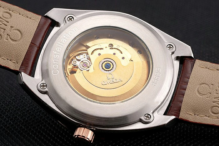 Omega Globemaster Black Dial Rose Gold Bezel Stainless Steel Case Brown Leather Strap new122242