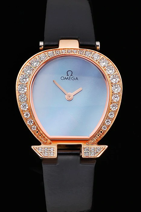Omega Ladies Watch Blue Dial Gold Case With Diamonds Black Leather Strap new120771