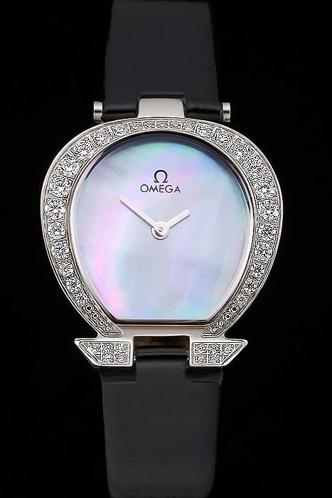 Omega Ladies Watch Pearl Dial Stainless Steel Case With Diamonds Black Leather Strap new120772