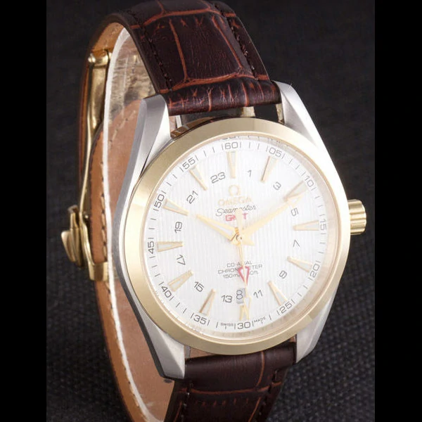 Omega Seamaster Gold Bezel with White Dial and Brown Leather Band new59665