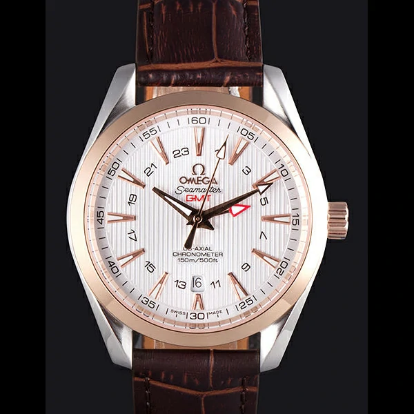 Omega Seamaster Rose Gold Bezel with White Dial and Brown Leather Band new59666