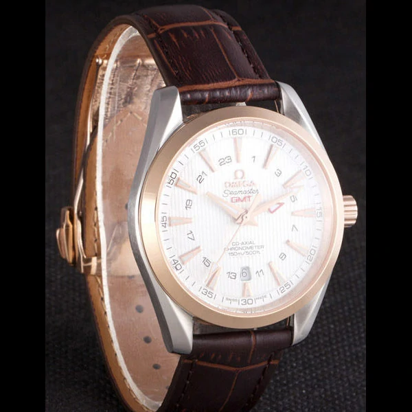Omega Seamaster Rose Gold Bezel with White Dial and Brown Leather Band new59666