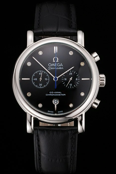 Omega Seamaster Vintage Chronograph Black Dial Diamond Hour Marks Stainless Steel Case Black Leather Strap new122601