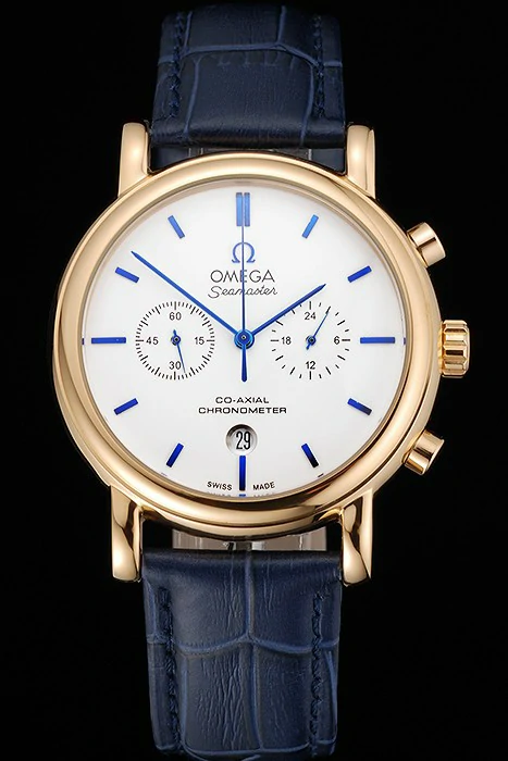 Omega Seamaster Vintage Chronograph White Dial Blue Hour Marks Gold Case Blue Leather Strap new122605