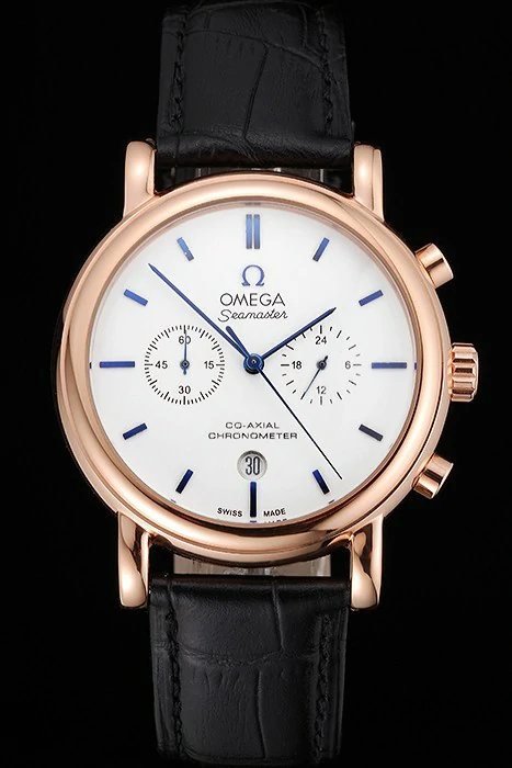 Omega Seamaster Vintage Chronograph White Dial Blue Hour Marks Rose Gold Case Black Leather Strap new122607