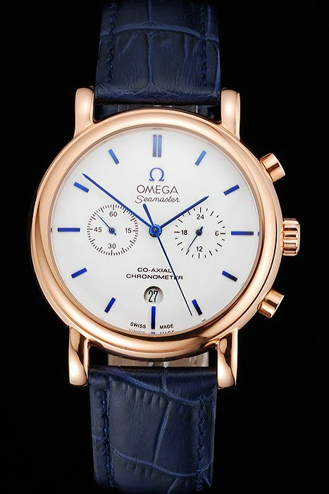 Omega Seamaster Vintage Chronograph White Dial Blue Hour Marks Rose Gold Case Blue Leather Strap new122610