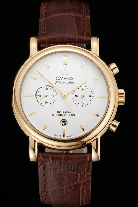 Omega Seamaster Vintage Chronograph White Dial Gold Case Brown Leather Strap new122603