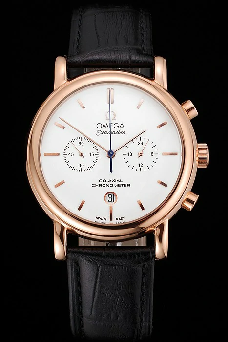 Omega Seamaster Vintage Chronograph White Dial Rose Gold Case Black Leather Strap new122606