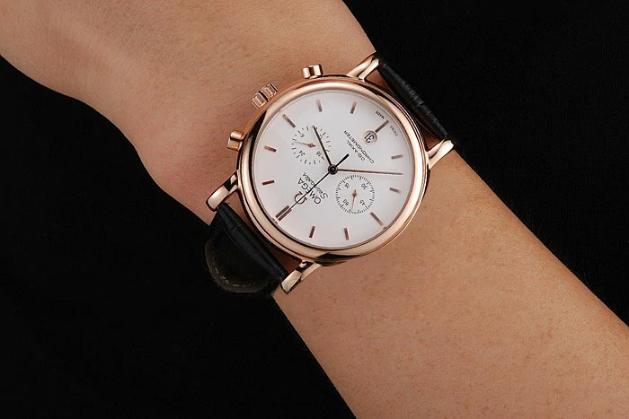 Omega Seamaster Vintage Chronograph White Dial Rose Gold Case Black Leather Strap new122606