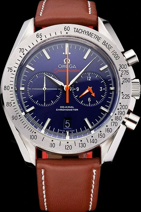 Omega Speedmaster Blue Dial Stainless Steel Case Brown Leather Strap new120796