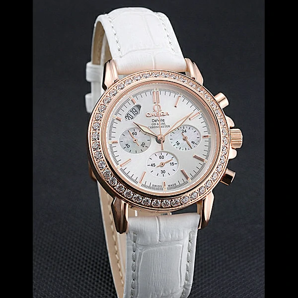 Omega Speedmaster Chronograph White Dial Gold Diamond Case White Leather Bracelet new60348