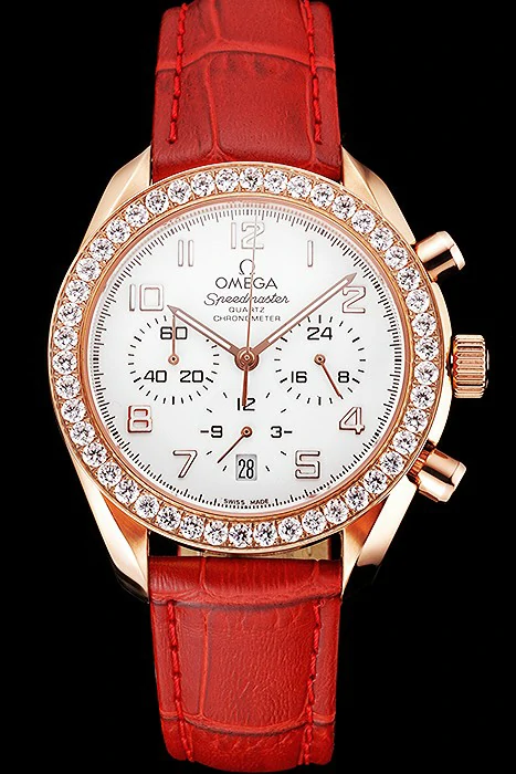 Omega Speedmaster White Dial Rose Gold Case Diamond Bezel Red Leather Strap new122462