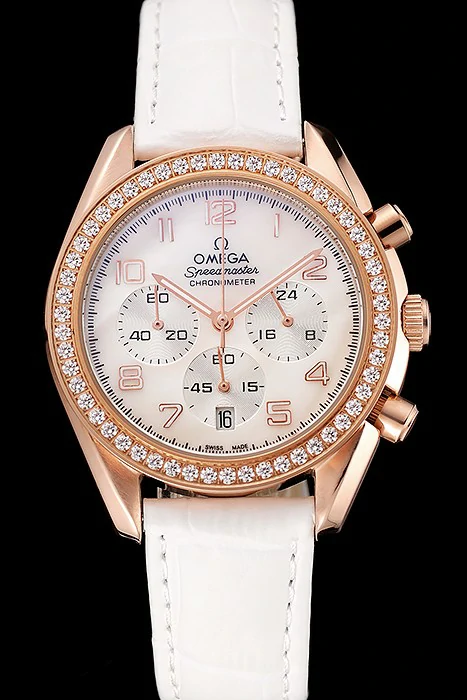 Omega Speedmaster White Dial Rose Gold Case Diamond Bezel White Leather Strap new122463