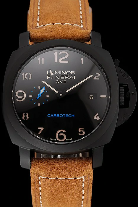 Panerai Luminor GMT Carbotech Black Dial Black Case Brown Leather Strap new123411