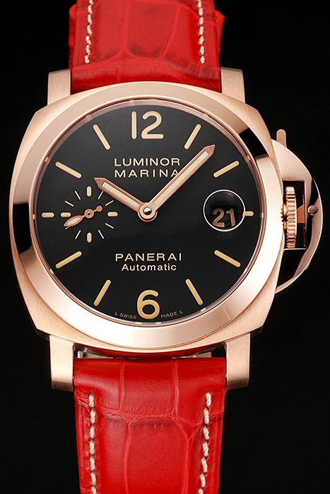 Panerai Luminor Marina Black Dial Rose Gold Case Red Leather Strap new123420