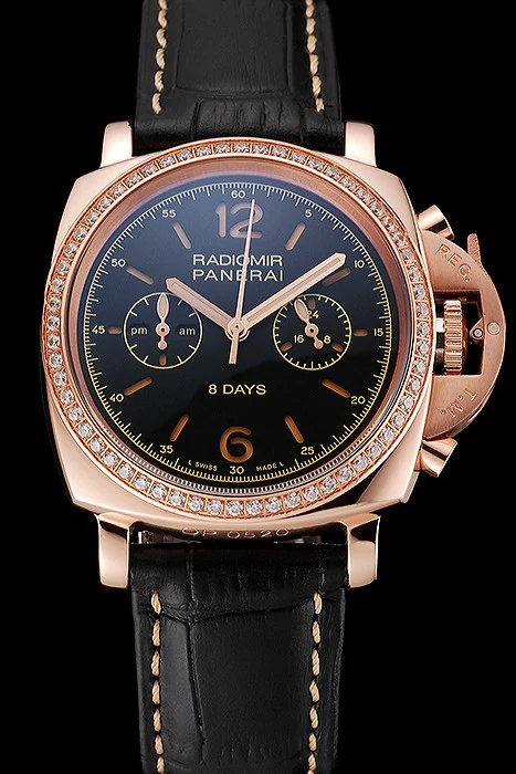 Panerai Radiomir 8 Days Chronograph Black Dial Diamond Bezel Rose Gold Case Black Leather Strap new123903