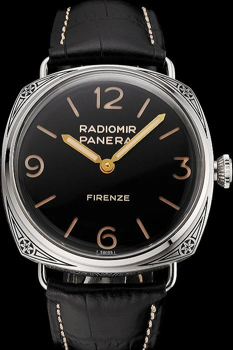 Panerai Radiomir Firenze 3 Days Acciaio PAM604 Black Dial Engraved Stainless Stell Case Black Leather Strap new122616