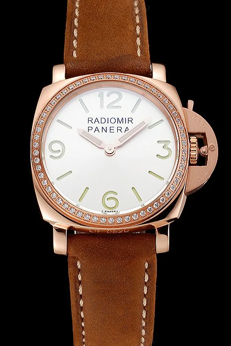 Panerai Radiomir White Dial Diamond Bezel Rose Gold Case Brown Suede Leather Strap new123904
