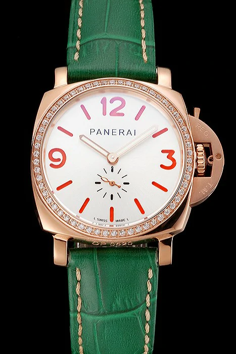 Panerai Radiomir White Dial Diamond Bezel Rose Gold Case Green Leather Strap new123908