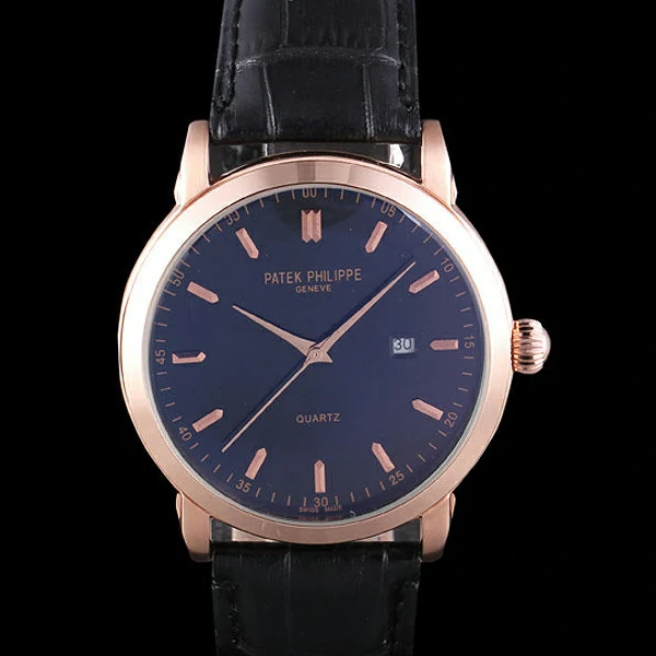 Patek Philipe Calatrava Roze Gold Polished Bezel Black Leather Bracelet new59425
