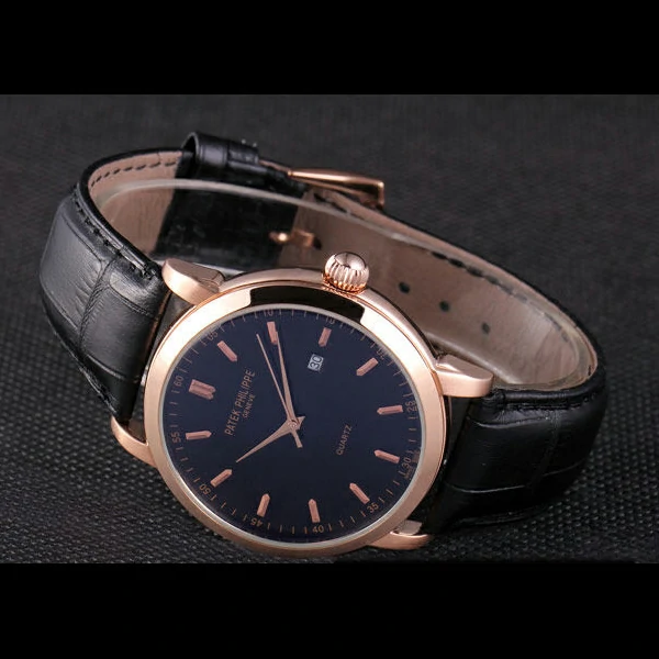 Patek Philipe Calatrava Roze Gold Polished Bezel Black Leather Bracelet new59425