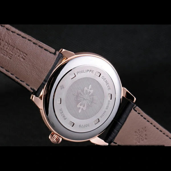 Patek Philipe Calatrava Roze Gold Polished Bezel Black Leather Bracelet new59428