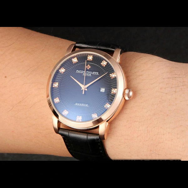 Patek Philipe Calatrava Roze Gold Polished Bezel Black Leather Bracelet new59429