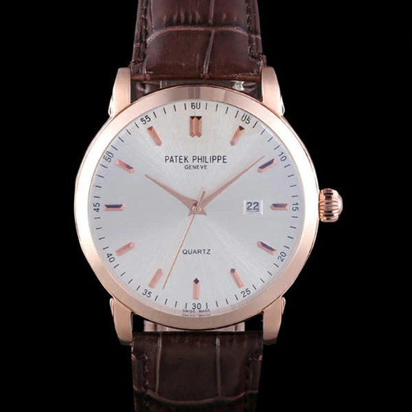 Patek Philipe Calatrava Roze Gold Polished Bezel Brown Leather Bracelet new59423