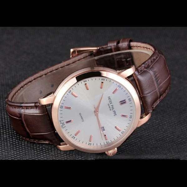 Patek Philipe Calatrava Roze Gold Polished Bezel Brown Leather Bracelet new59423
